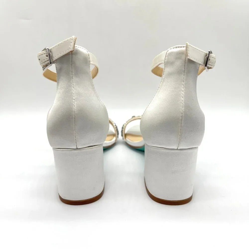 Betsey Johnson Size 8 Mel‎ Ivory White Satin Jeweled Heels Dress Sandals Shoes